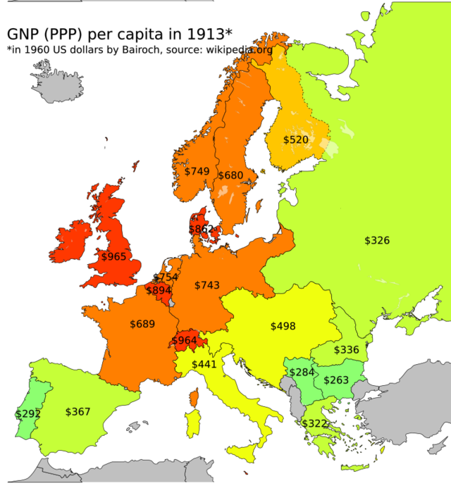 GNP (PPP) per capita in Europe, 1913. - Maps on the Web