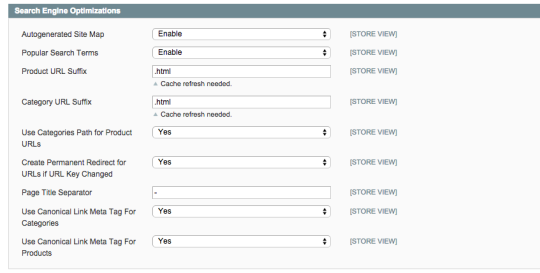 Search Engine Optimisations tab of Magento configuration