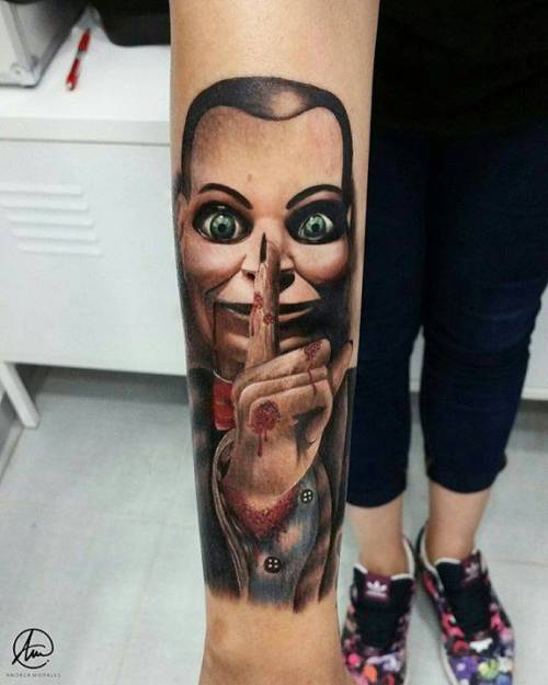 By Andrea Morales, done at La Mala Vida Tattoo Parlour, Madrid.... film and book;andreamorales;dead silence;big;facebook;realistic;twitter;portrait;inner forearm