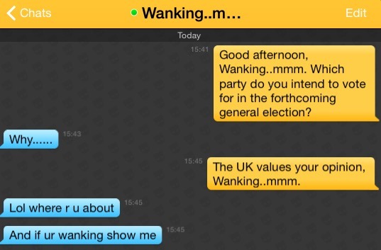 Me: Good afternoon, Wanking..mmm. Which party do you intend to vote for in the forthcoming general election?
Wanking..mmm: Why......
Me: The UK values your opinion, Wanking..mmm.
Wanking..mmm: Lol where r u about
Wanking..mmm: And if ur wanking show me