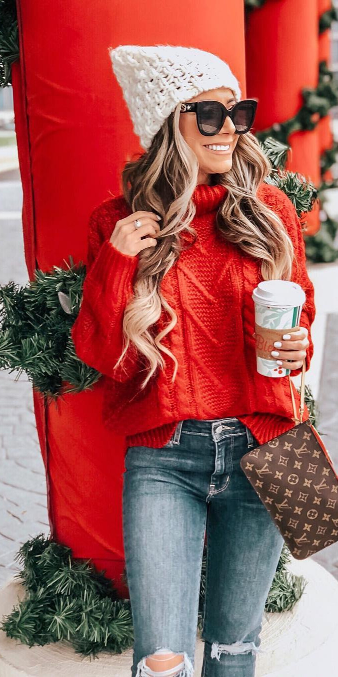 young fashion, celebrity video, style, blogger, mustfollow ITBEGINNING TO LOOK A LOT LIKE CHRISTMAS!!!I know itearly but I just canhelp myself This red sweater from thepinklilyboutique is so perfect for the holidaysps.. Ibeen working on some amazing Gift Guides for you!I even have a gift guide tab up on my blog with gift ideas for anyone everyone in your lifego check them out at agianathing.com on the  app to get the product details for this look and others! (Link in bio) 