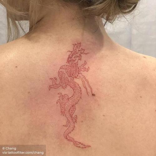 Tattoo tagged with: fine line, chang, line art, dragon, facebook, red,  upper back, twitter, experimental, medium size, mythology, other,  illustrative 