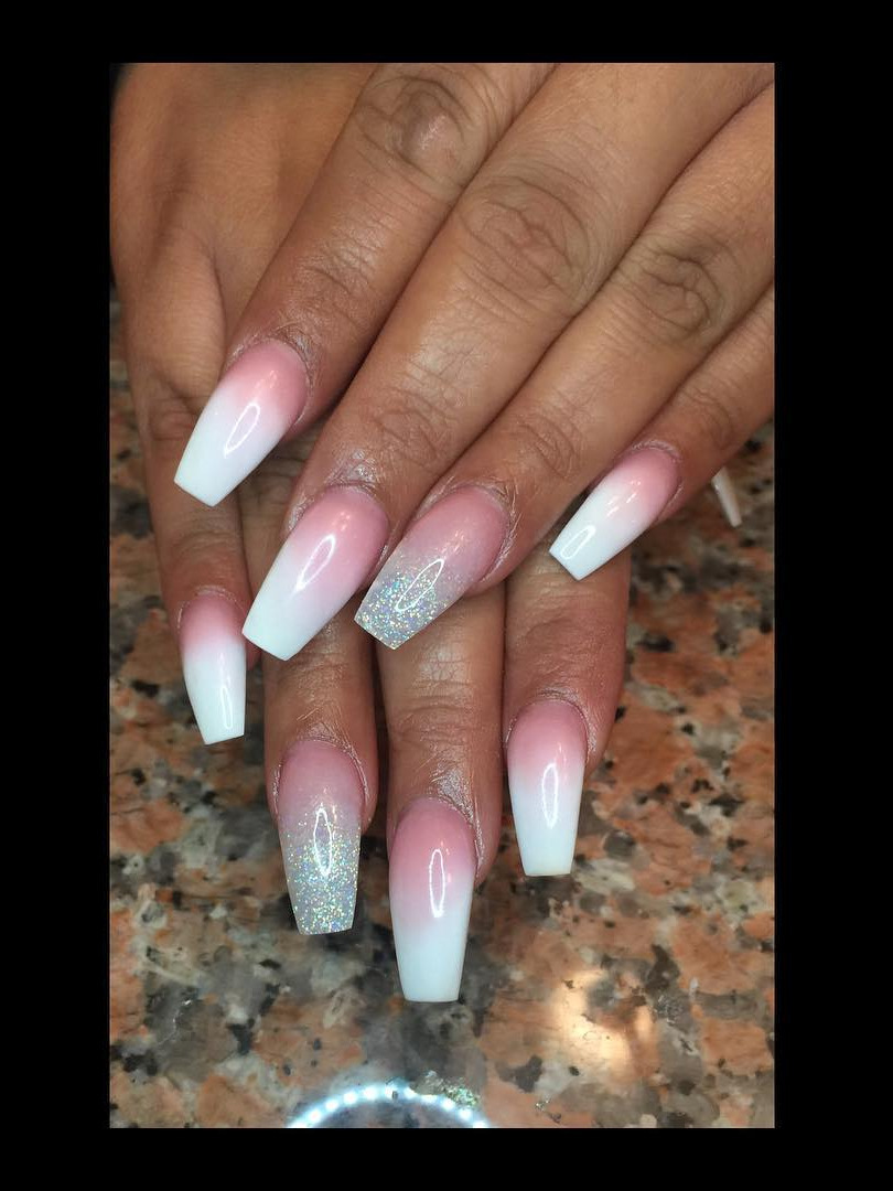 nail supply, ivy nails, stiletto nails, lavish nails, color changing nail polish Pink and White Acrylic Ombrwith Pink and Glitter OmbrAccent Nail 