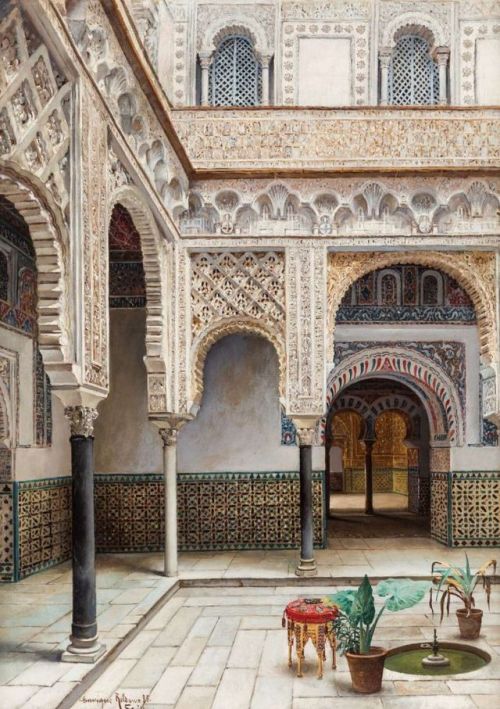 Enrique Roldan (19th century) - The courtyard of the Alcazar of Seville, oil on vanvas, 54 x 39,5 cm. 1885.
