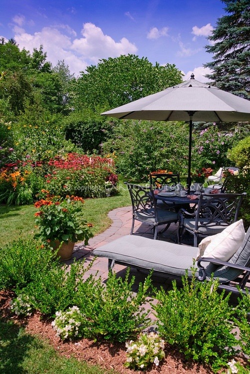 Gorgeous summer backyard landscaping and view of... — Gardening