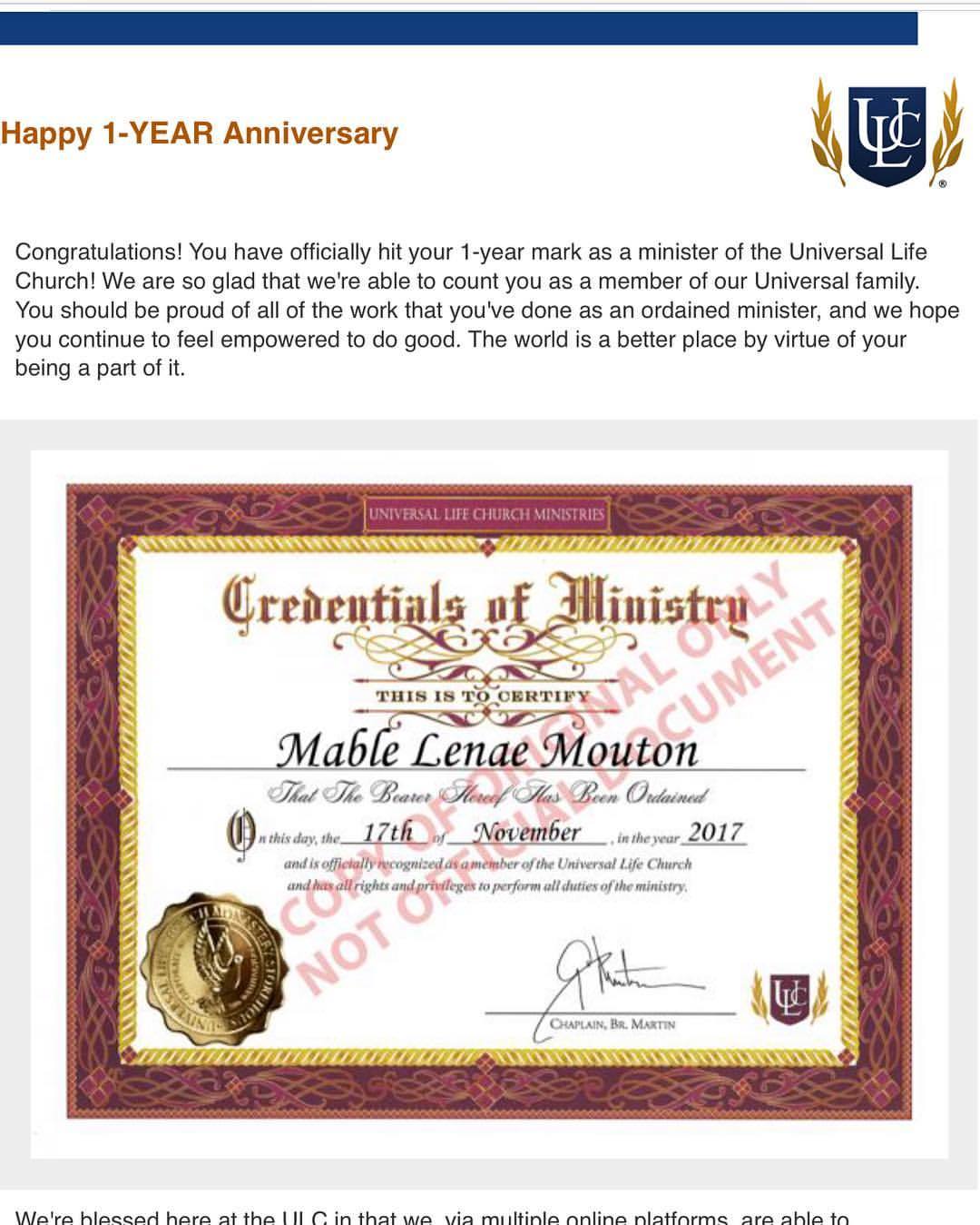 ordained ministers licence sample