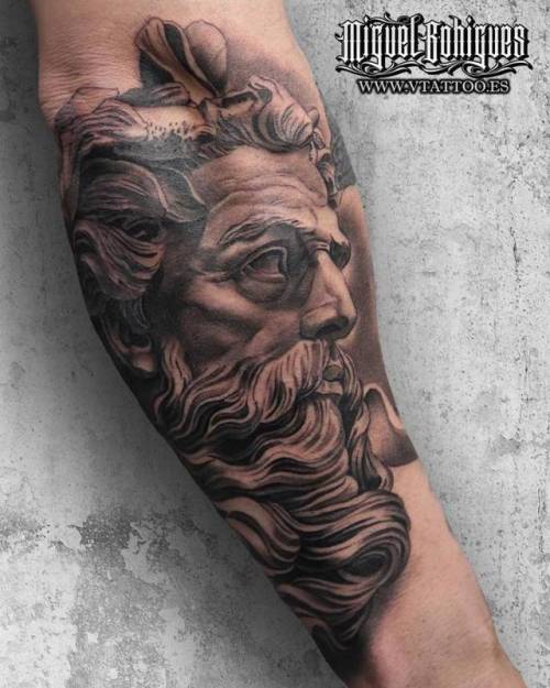 Full sleeve portrait tattoo in black and grey realism by Alo Loco London  UK  Greek  Roman Gods