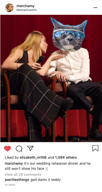 [Instagram post from Amy some months later with a photo of her blowing a kiss at Laurie, who has the cat from his Twitter icon photoshopped over his face, and the caption: 'it's our wedding rehearsal dinner and he still won't show his face :(' and Jo replies: 'god damn it teddy']
