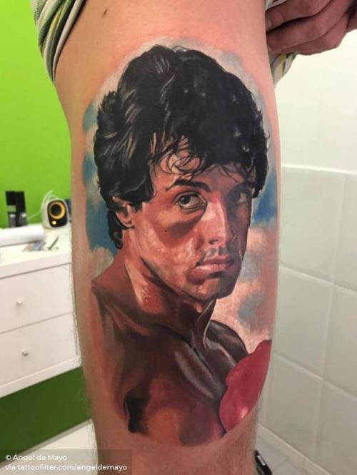By Ángel de Mayo, done at Ángel de Mayo Tattoo, Alcalá de... angeldemayo;boxing;patriotic;fictional character;big;boxer;rocky;character;united states of america;thigh;facebook;rocky balboa;realistic;twitter;profession;sport;sylvester stallone;film and book