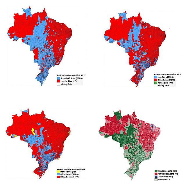 Map of the last 4 elections in Brazil. - Maps on the Web