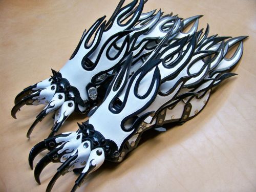 flame gauntlets gloves armor fantasy white black goth metal biker motorcyle LARP cosplay anime costume hand made leather Stronghold Leather