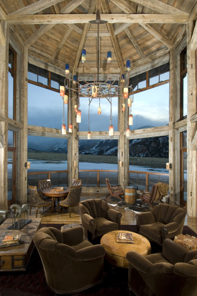 Rugged Montana Wilderness outside Towering 2-Story Bay Windows, Hand-Hewn Timber + Custom Industrial Hand-Blown Glass Chandelier [2400 x 3600]