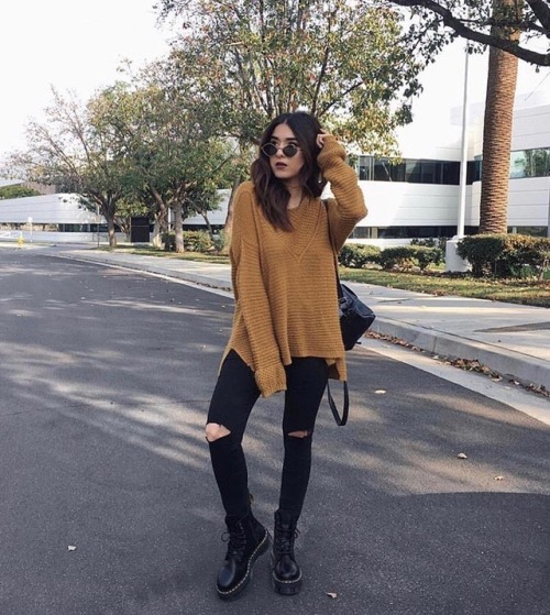 rubilove ripped jeans black jeans dr martens knit sweater outfit