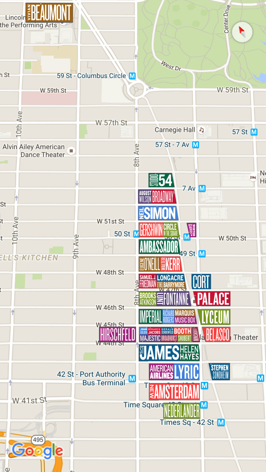 Map of all Broadway Theaters in New York City. Maps on the Web