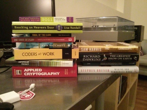 The current iteration of the book pile.
