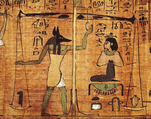 grandegyptianmuseum:Anubis weighing heart against Maat’s...