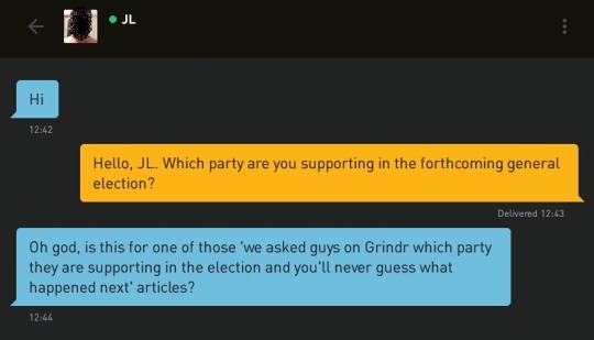 JL: Hi
Me: Hello, JL. Which party are you supporting in the forthcoming general election?
JL: Oh god, is this for one of those 'we asked guys on Grindr which party they are supporting in the election and you'll never guess what happened next' articles?