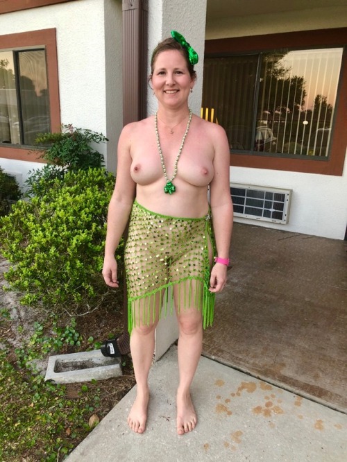 abbysnude:Abby heading to the St. Patricks Day nude dinner dance