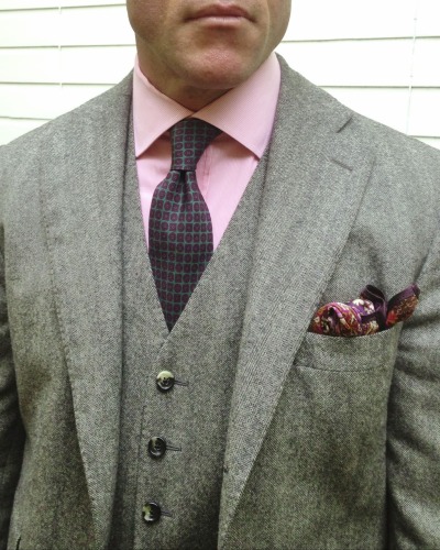 Four patterns. Herringbone flannel, microstripe shirt, silk madder neat tie, silk paisley pochette