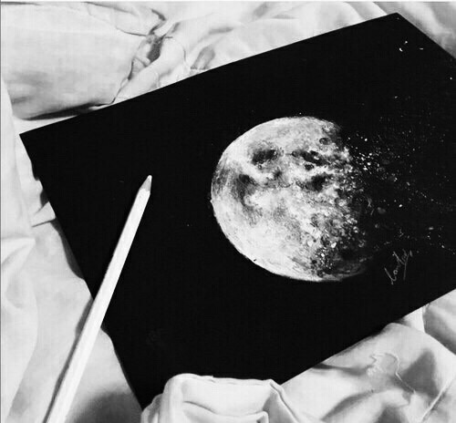 art moon black and white b&w white pencil on black paper