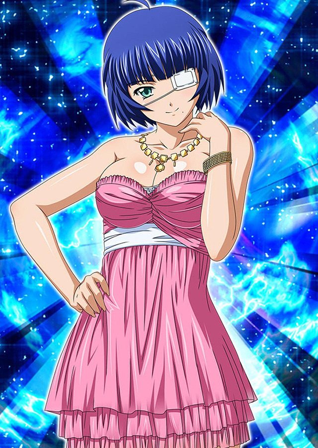 Ryomou Shimei Ikkitousen 00s 1girl Blue Hair Breasts Cleavage Collarbone Dress Eyepatch 