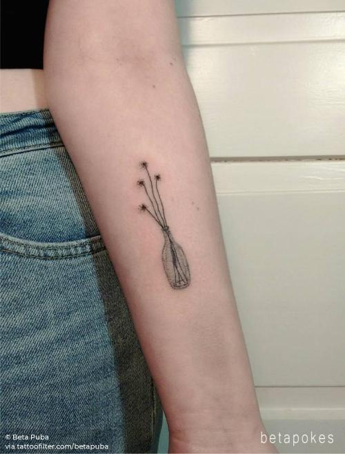 By Beta Puba, done in Berlin. http://ttoo.co/p/31917 betapuba;dotwork;facebook;flowers in a bottle;flower;hand poked;inner forearm;nature;small;twitter