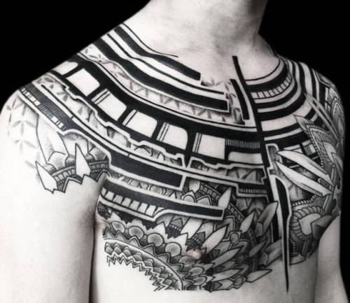 plumpbee522 futuristic tattoo design on a human body chest depicting sacred  geometry and labyrinth