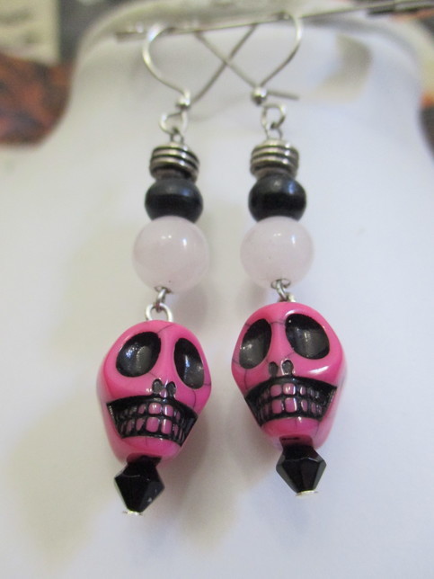 (via Pink Skull and Rose Quartz Beaded Dangle Earrings from...