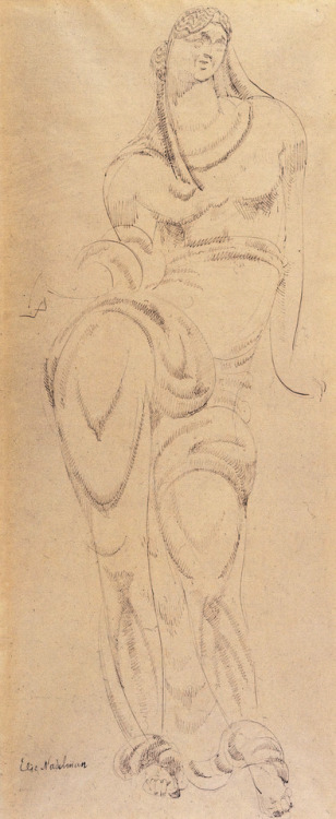 Elie Nadelman Decorative Figure (Woman), ca. 1912. Sepia ink on...