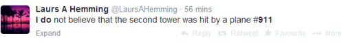 Laurs A Hemming (@LaursAHemming): (bold) I do (/bold) not believe that the second tower was hit by a plane #911