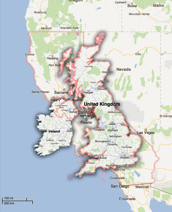 A scale between the sizes of California and the... - Maps on the Web