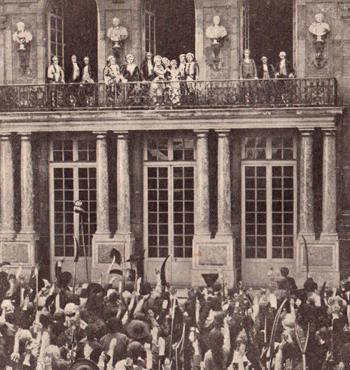 Louis XVI, Marie Antoinette and the rest of the French royal family on the balcony of Versailles during the October Days. From the silent film L'enfant Roi (1923) [source: my scan]