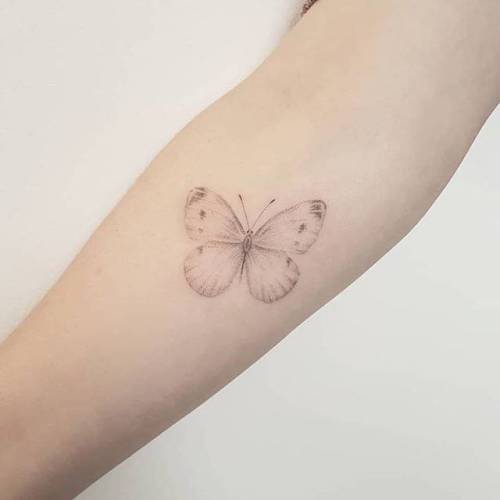 By Sarah March, done at Die-Monde Tattoo, Wadebridge.... insect;small;butterfly;animal;tiny;sarahmarch;hand poked;ifttt;little;inner forearm