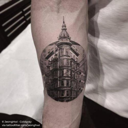 By JeongHwi · Coldgray, done at Guru Tattoo · Little Italy, San... black and grey;patriotic;jeonghwi;united states of america;facebook;san francisco;location;twitter;architecture;california;inner forearm;medium size