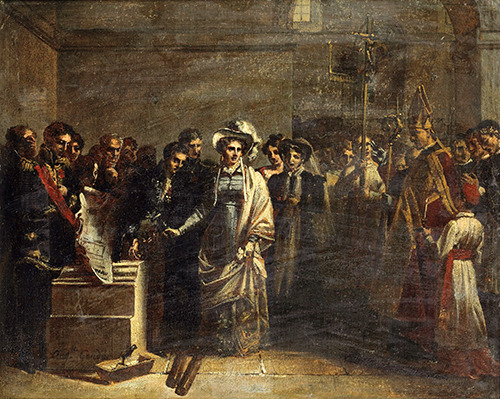 An 1827 painting by Auguste Couder depicting the duchesse d'Angouleme laying the first stone at a monument dedicated to the hundreds of royalist soldiers executed by firing squad after the battle at Quiberon.