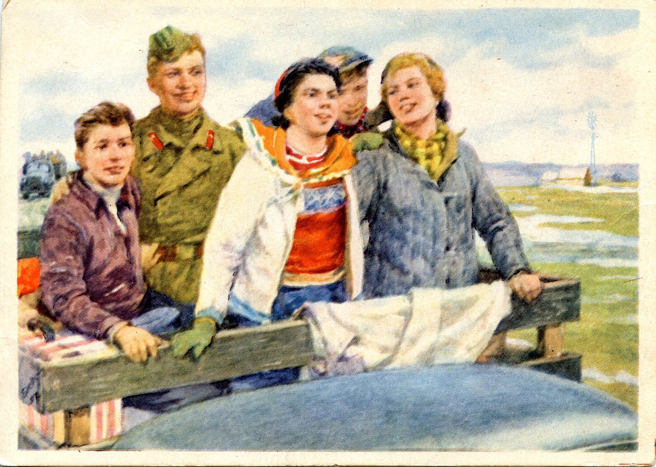 “To the Virgin Lands” by V. Beskaravainy (postcard, 1958)