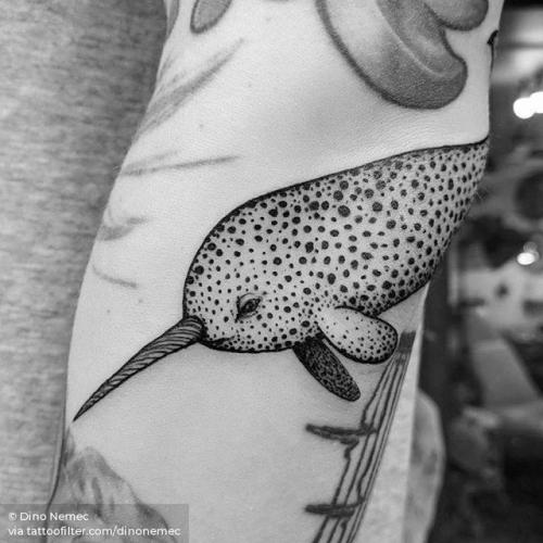By Dino Nemec, done at Lone Wolf Private Tattooing Studio,... dinonemec;elbow;animal;narwhal;facebook;forearm;twitter;medium size;illustrative