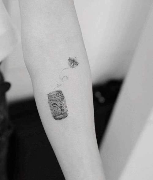 By Dr. Woo, done in Hong Kong. http://ttoo.co/p/89852 small;single needle;animal;tiny;kitchenware;ifttt;little;firefly;inner forearm;drwoo;other;jar;insect