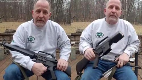 A video of a man cutting his semi-automatic weapon in half has...