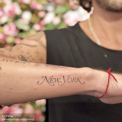 By Chang, done in Manhattan. http://ttoo.co/p/34956 brand;chang;facebook;fine line;forearm;line art;location;logo;new york magazine logo;new york;patriotic;small;twitter;united states of america;wrist