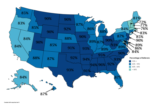 Belief In God By US State. - Maps On The Web