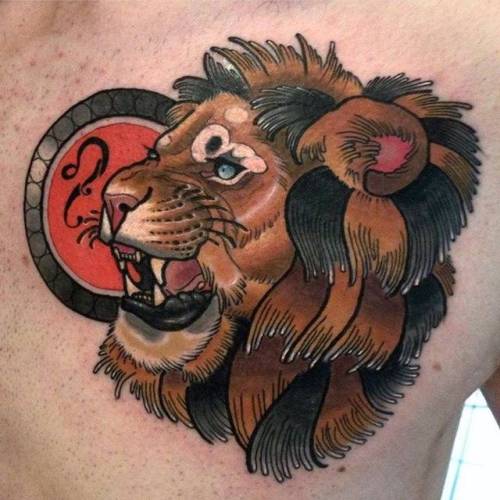 By Young Woong Han, done at Rose of No Man’s Land, Berlin.... youngwoonghan;zodiac;feline;lion;big;animal;chest;facebook;leo;astrology;twitter;neotraditional
