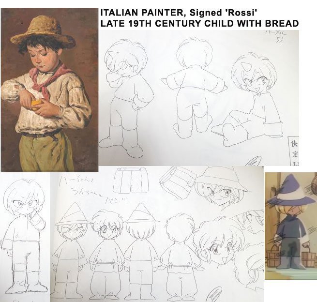References: Rossi's "Boy with bread", official character sheets, screencap.