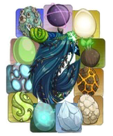 a badge made using a collage of flight rising official artwork; it depicts a dark blue female guardian dragon’s head wearing a kelpie mane, emerald tree boa and nature emblem. Surrounding the dragon in a circle are unhatched elemental eggs from all flights.
