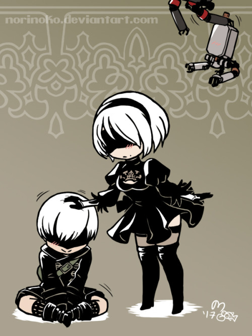 konoriarts:2B petting 9S. They are adorable together. ;w;