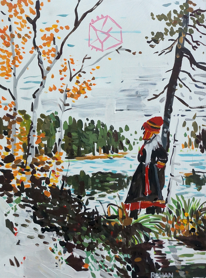 ‘FINLAND. A Lapp girl, brighter than Nature, by a northern lake.’ + UFO, acrylic on canvas, 2013 Reference photo from the book 'The Viking Circle’ by Colin Simpson, which credits the photo to the Finland Tourism Board.