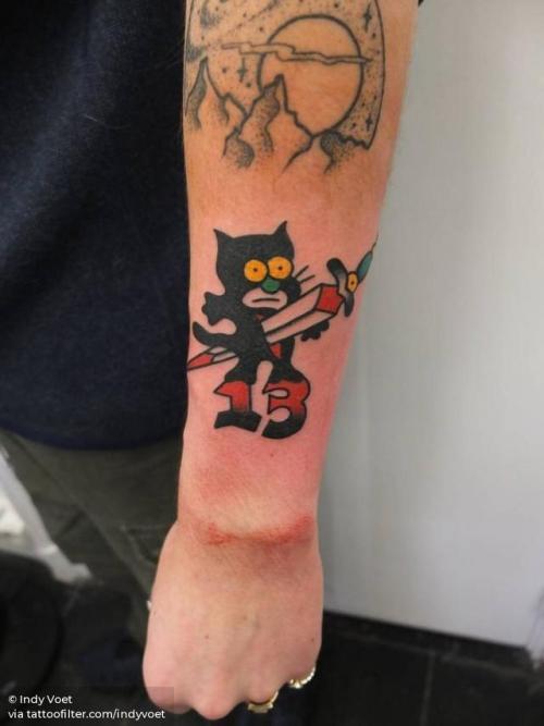 By Indy Voet, done at Purple Sun Tattoo, Brussels.... good luck;mathematical;traditional;animal;13;indyvoet;facebook;forearm;twitter;lucky 13;medium size;cat;felix the cat;other;number;cartoon character;pet;feline;fictional character
