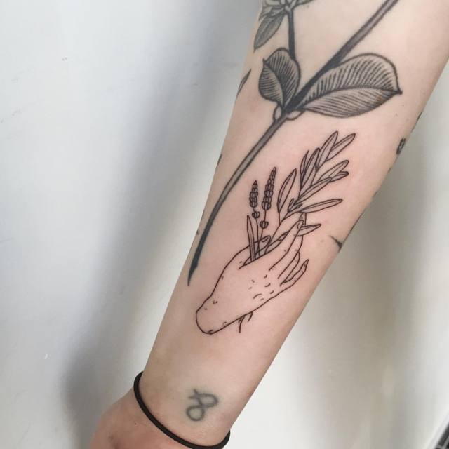 hand + sage and lavender - Tattoos by Olivia Harrison