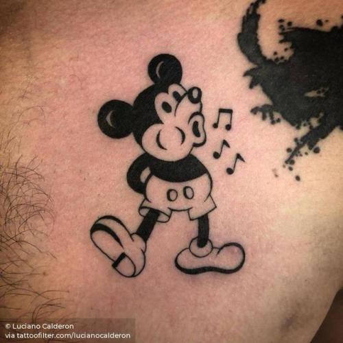 By Luciano Calderon, done at East River Tattoo, Brooklyn.... mouse;lucianocalderon;fictional character;animal;chest;disney;rodent;cartoon;facebook;blackwork;twitter;medium size;mickey mouse;illustrative;film and book;disney character;cartoon character
