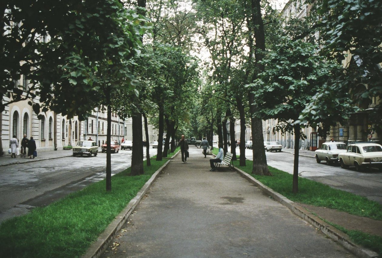 Sofya Perovskaya street in Leningrad (historic and current name Malaya Konyushennaya; Saint Petersburg), 1990